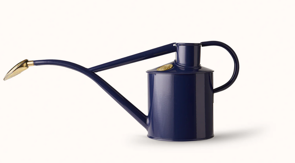 Navy blue watering can with a brass rose on a white background