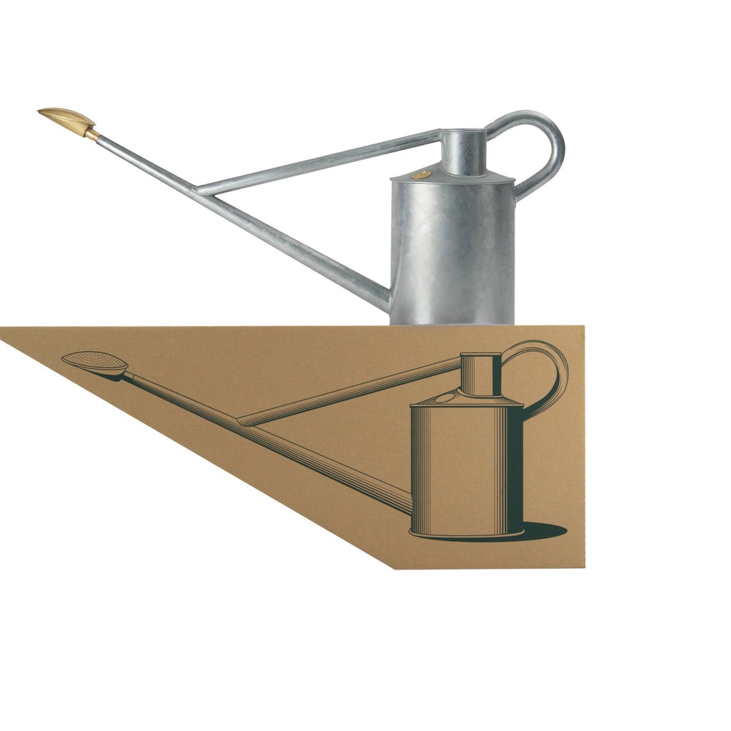 Metal watering can with long spout on a white background